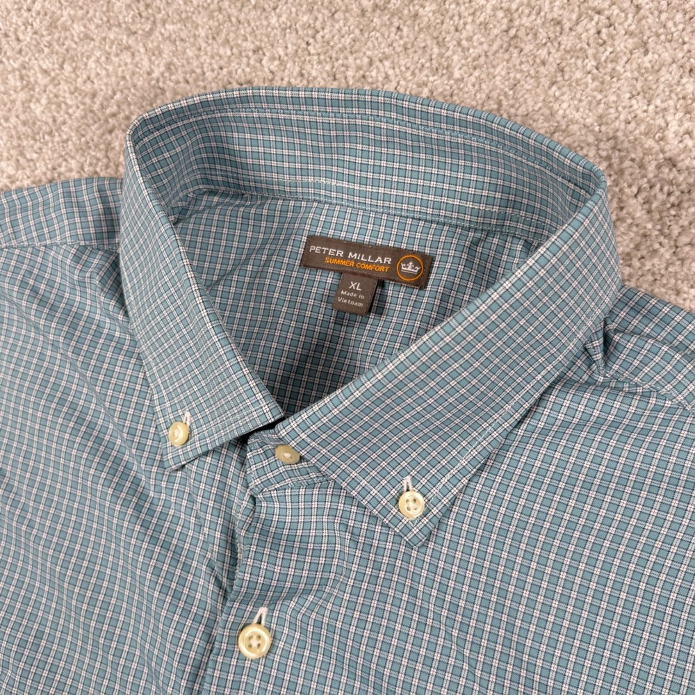 Peter Millar Shirt Mens XL Teal Plaid Summer Comfort Button Down Long Sleeve